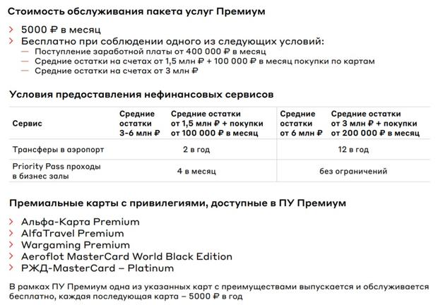 Премиум Альфа картасы Қызмет көрсету құны