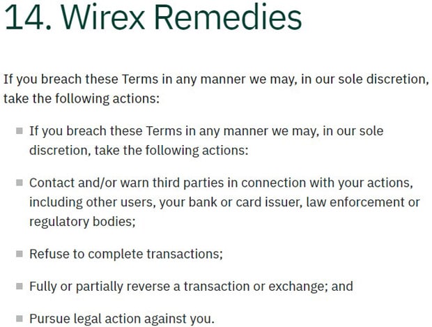 Wirex ережелерді бұзу