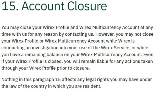 Wirex есептік жазбаны жабу