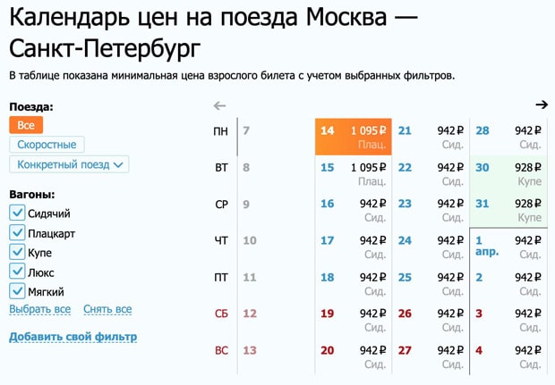 Пойыз.RU баға күнтізбесі