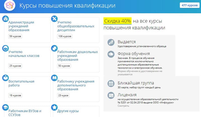 Сайттағы Инфоурок курстары