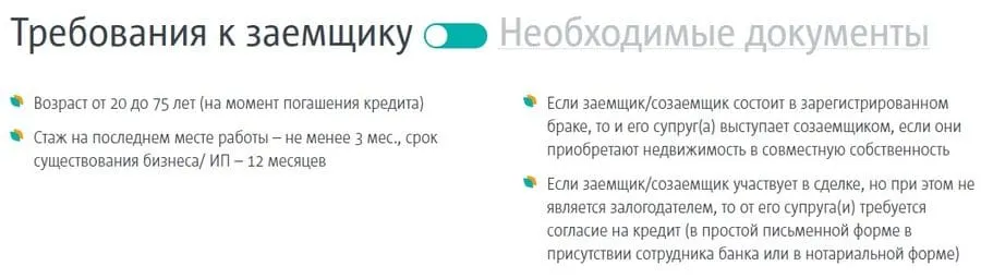 tkbbank.ru қарыз алушыға қойылатын талаптар