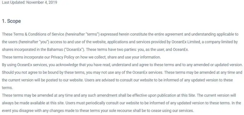 Oceanex пайдаланушы келісімі