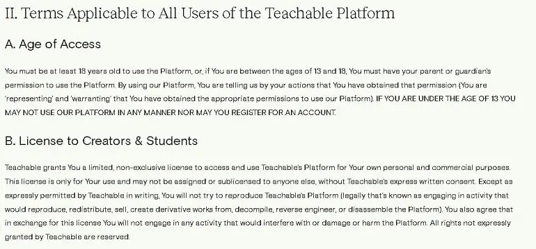 teachable.com қызмет көрсету ережелері